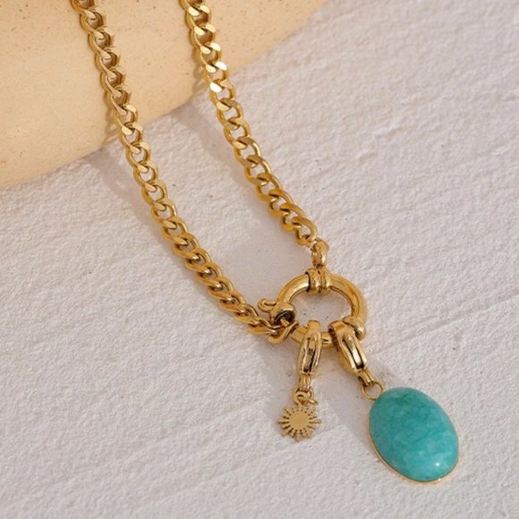 NEW 18K Gold Plated Oval Turquoise Circle Link Chain Necklace - Picture 1 of 7